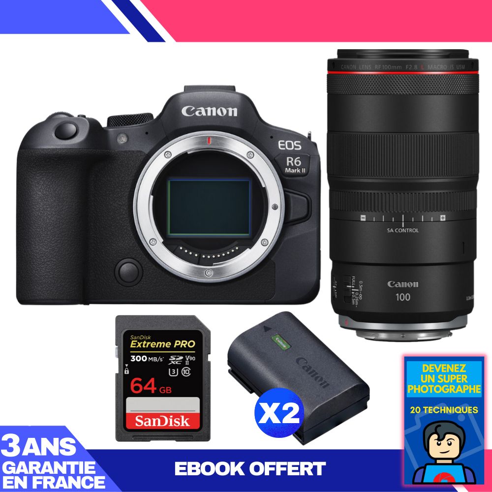 Boitier Canon EOS R6 Mark II + RF 100mm f2.8 Macro IS USM + 1 SanDisk Extreme PRO UHS II SDXC 300 MB/ + 2 Canon LP E6NH + Ebook 'Devenez Un Super Photographe - vue 2