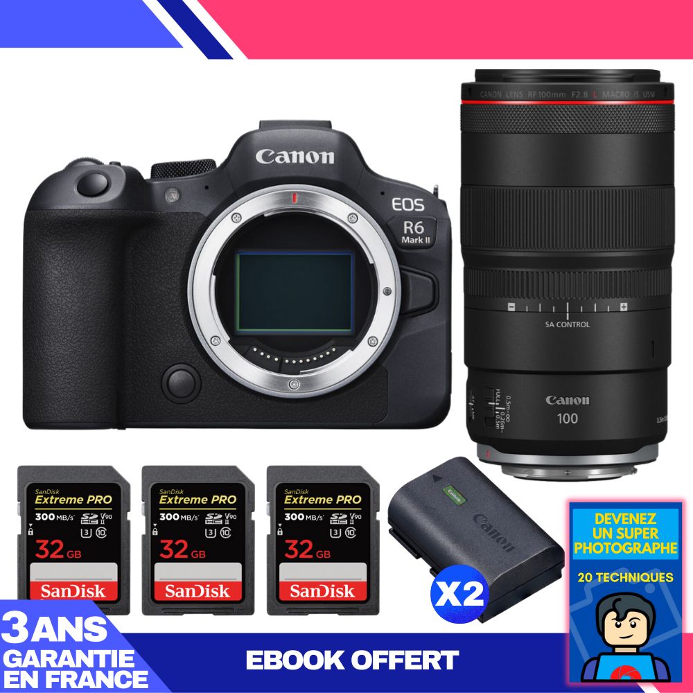 Boitier Canon EOS R6 Mark II + RF 100mm f2.8 Macro IS USM + 3 SanDisk Extreme PRO UHS II SDXC 300 MB/ + 2 Canon LP E6NH + Ebook 'Devenez Un Super Photographe