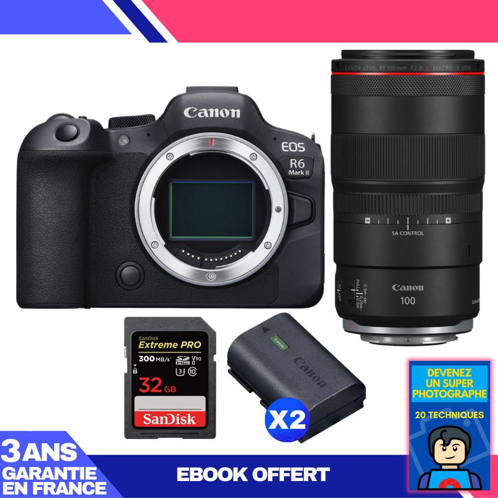 Boitier Canon EOS R6 Mark II + RF 100mm f2.8 Macro IS USM + 1 SanDisk Extreme PRO UHS II SDXC 300 MB/ + 2 Canon LP E6NH + Ebook 'Devenez Un Super Photographe - vue 3