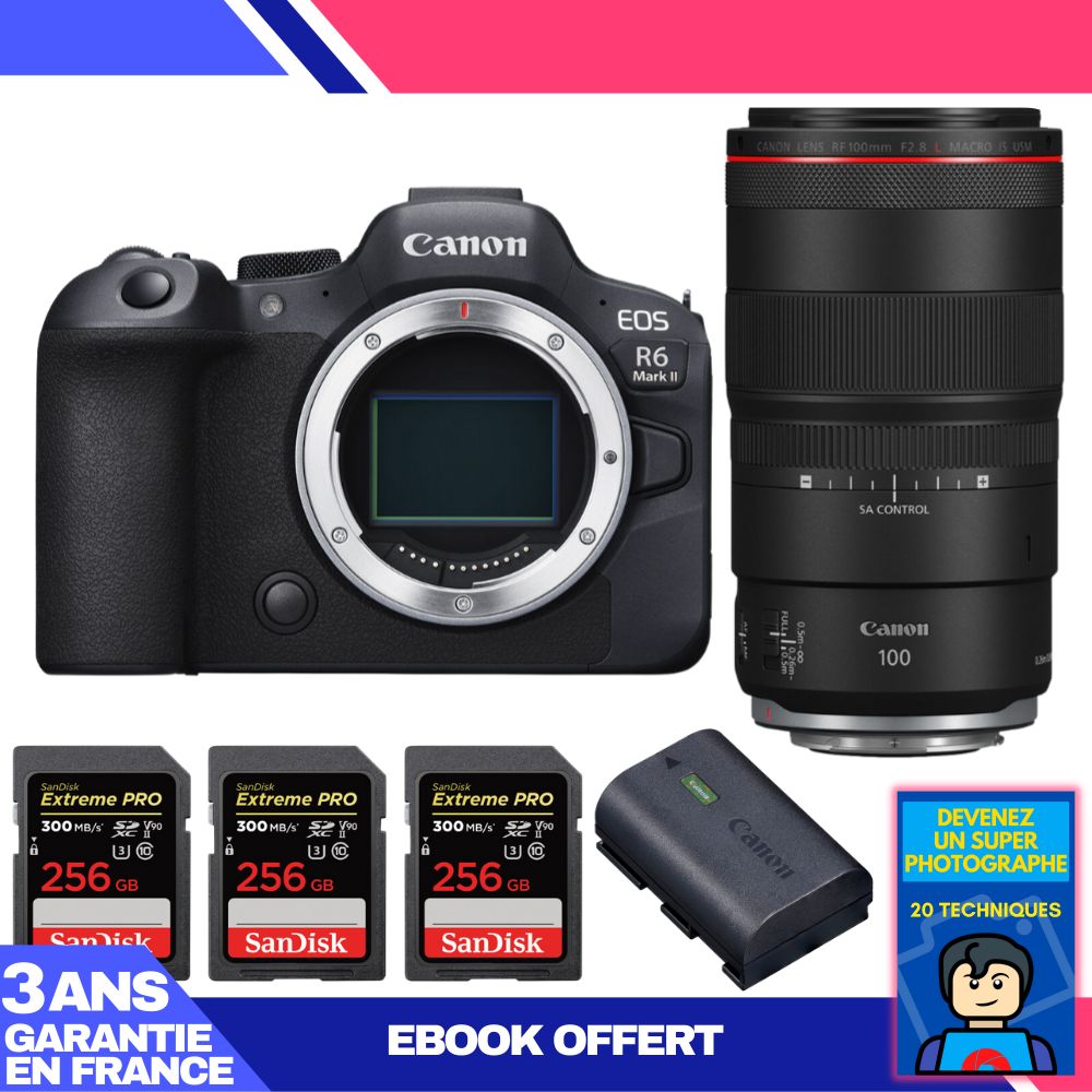 Boitier Canon EOS R6 Mark II + RF 100mm f2.8 Macro IS USM + 3 SanDisk Extreme PRO UHS II SDXC 300 MB/ + 1 Canon LP E6NH + Ebook 'Devenez Un Super Photographe - vue 2