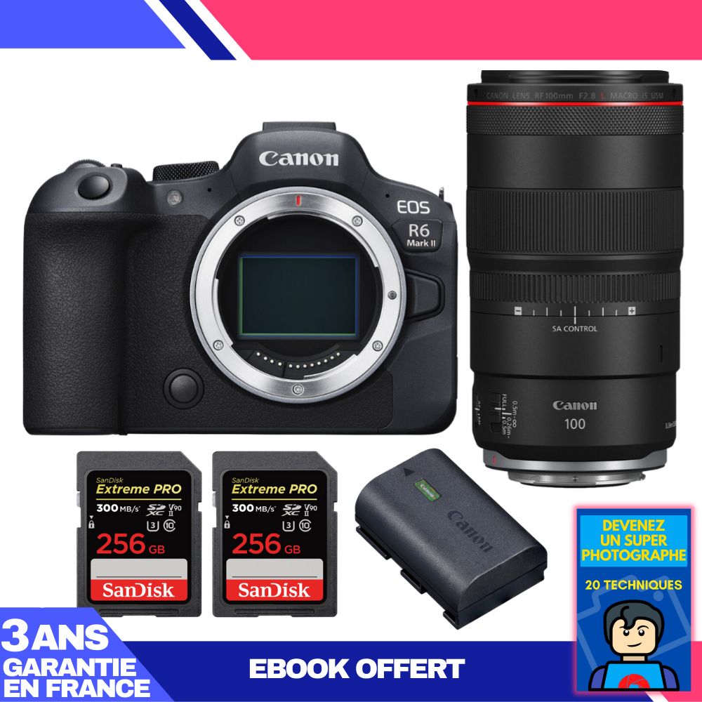 Boitier Canon EOS R6 Mark II + RF 100mm f2.8 Macro IS USM + 2 SanDisk Extreme PRO UHS II SDXC 300 MB/ + 1 Canon LP E6NH + Ebook 'Devenez Un Super Photographe - vue 4
