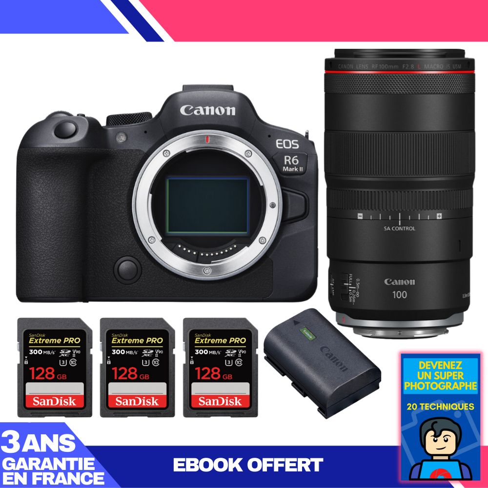 Boitier Canon EOS R6 Mark II + RF 100mm f2.8 Macro IS USM + 3 SanDisk Extreme PRO UHS II SDXC 300 MB/ + 1 Canon LP E6NH + Ebook 'Devenez Un Super Photographe