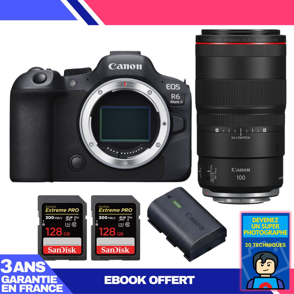 Boitier Canon EOS R6 Mark II + RF 100mm f2.8 Macro IS USM + 2 SanDisk Extreme PRO UHS II SDXC 300 MB/ + 1 Canon LP E6NH + Ebook 'Devenez Un Super Photographe - vue 3