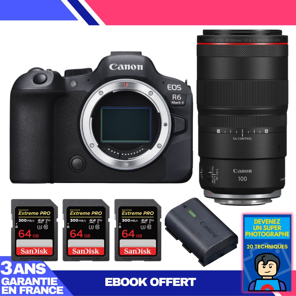 Boitier Canon EOS R6 Mark II + RF 100mm f2.8 Macro IS USM + 3 SanDisk Extreme PRO UHS II SDXC 300 MB/ + 1 Canon LP E6NH + Ebook 'Devenez Un Super Photographe - vue 3