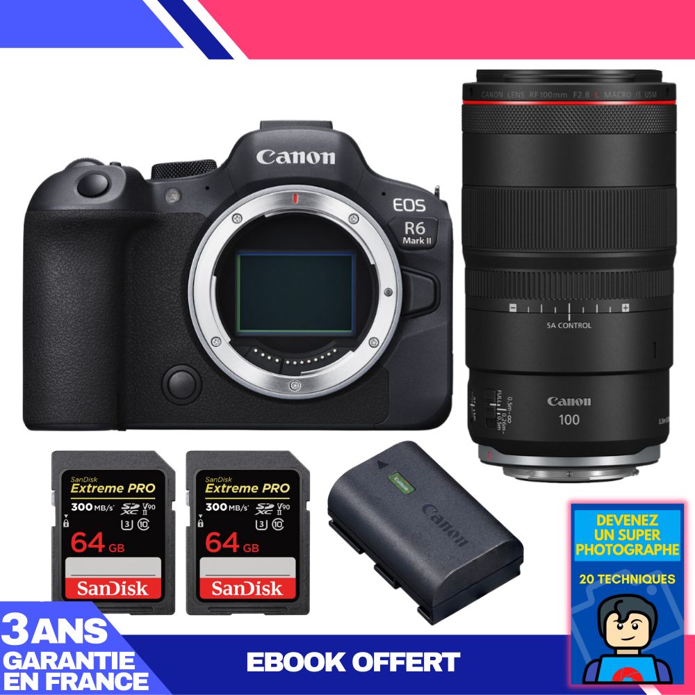 Boitier Canon EOS R6 Mark II + RF 100mm f2.8 Macro IS USM + 2 SanDisk Extreme PRO UHS II SDXC 300 MB/ + 1 Canon LP E6NH + Ebook 'Devenez Un Super Photographe - vue 2