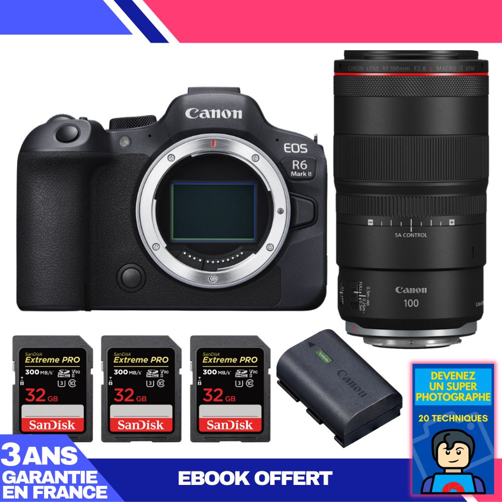 Boitier Canon EOS R6 Mark II + RF 100mm f2.8 Macro IS USM + 3 SanDisk Extreme PRO UHS II SDXC 300 MB/ + 1 Canon LP E6NH + Ebook 'Devenez Un Super Photographe - vue 4