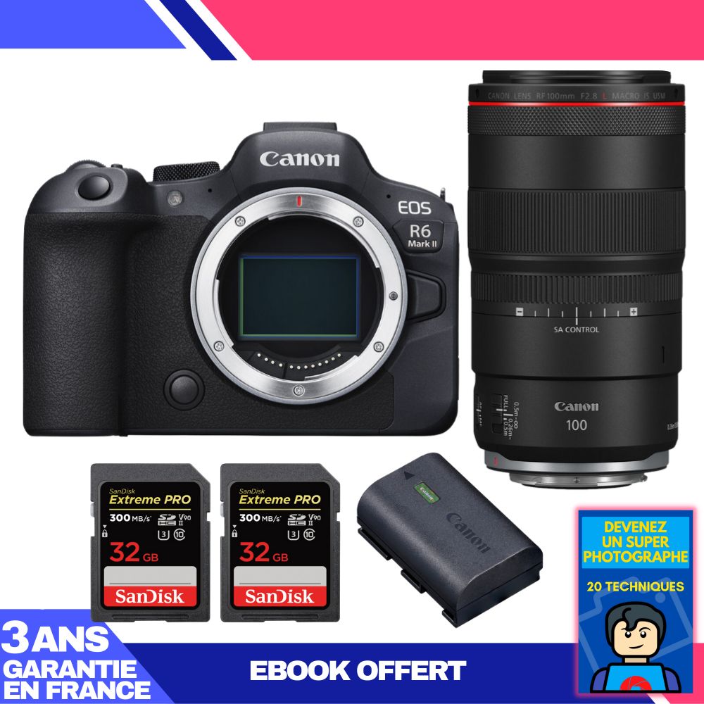 Boitier Canon EOS R6 Mark II + RF 100mm f2.8 Macro IS USM + 2 SanDisk Extreme PRO UHS II SDXC 300 MB/ + 1 Canon LP E6NH + Ebook 'Devenez Un Super Photographe