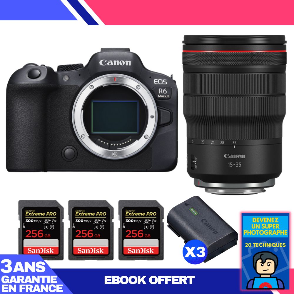 Boitier Canon EOS R6 Mark II + RF 15 35mm f2.8 IS USM + 3 SanDisk Extreme PRO UHS II SDXC 300 MB/ + 3 Canon LP E6NH + Ebook 'Devenez Un Super Photographe - vue 4