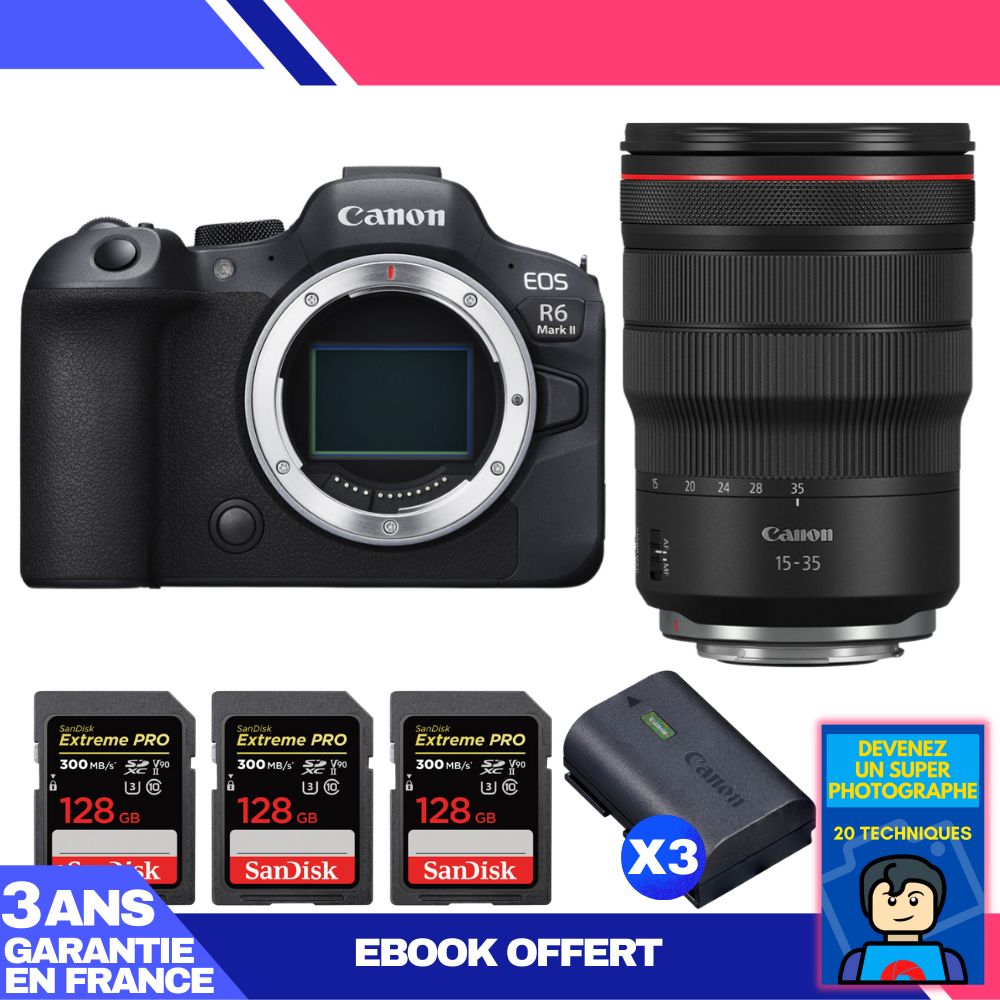 Boitier Canon EOS R6 Mark II + RF 15 35mm f2.8 IS USM + 3 SanDisk Extreme PRO UHS II SDXC 300 MB/ + 3 Canon LP E6NH + Ebook 'Devenez Un Super Photographe