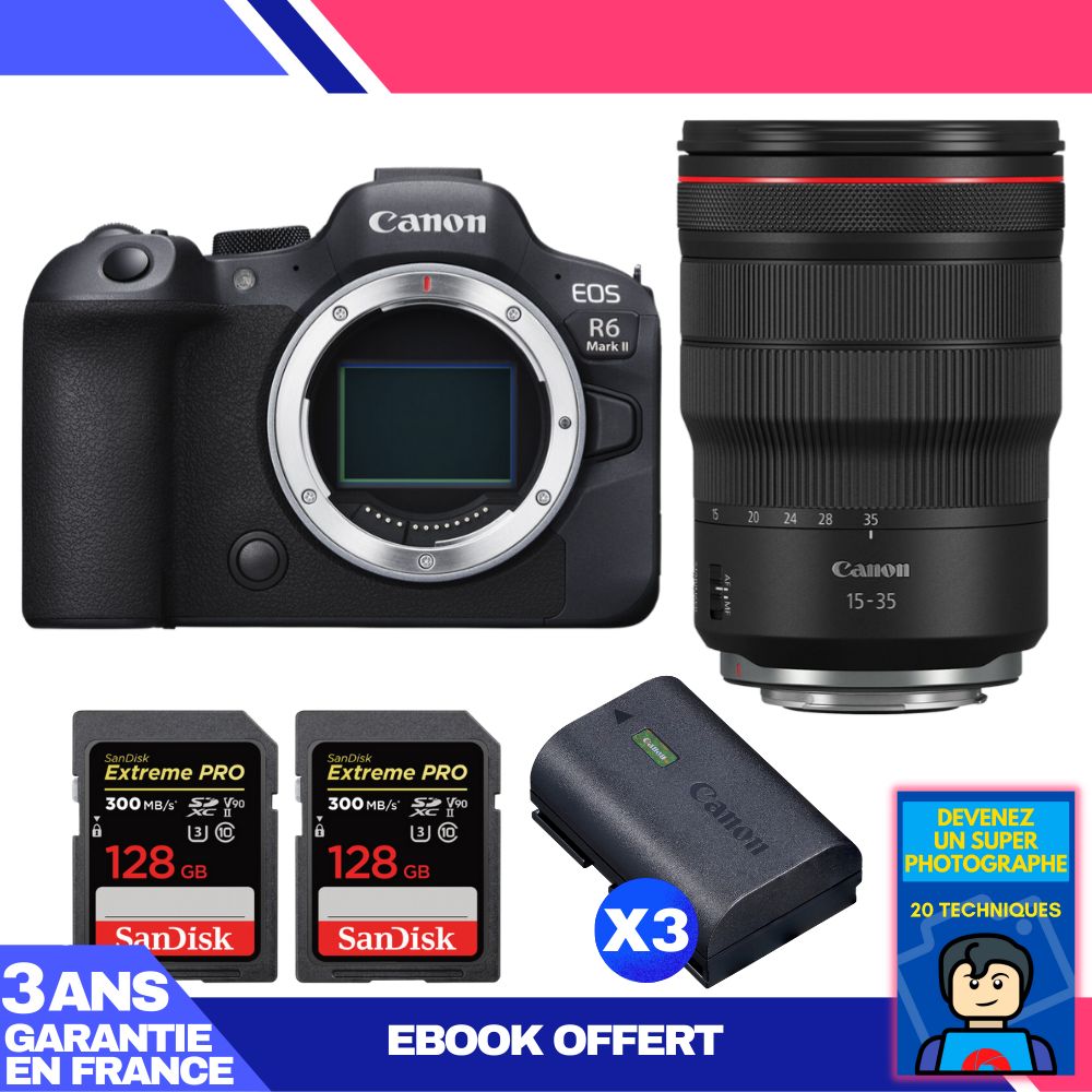Boitier Canon EOS R6 Mark II + RF 15 35mm f2.8 IS USM + 2 SanDisk Extreme PRO UHS II SDXC 300 MB/ + 3 Canon LP E6NH + Ebook 'Devenez Un Super Photographe
