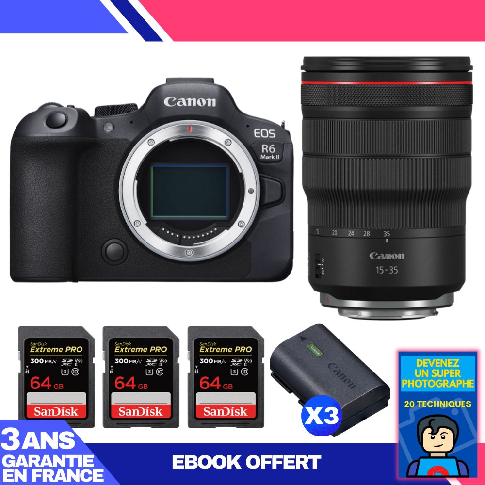 Boitier Canon EOS R6 Mark II + RF 15 35mm f2.8 IS USM + 3 SanDisk Extreme PRO UHS II SDXC 300 MB/ + 3 Canon LP E6NH + Ebook 'Devenez Un Super Photographe - vue 2