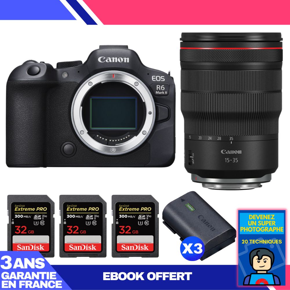 Boitier Canon EOS R6 Mark II + RF 15 35mm f2.8 IS USM + 3 SanDisk Extreme PRO UHS II SDXC 300 MB/ + 3 Canon LP E6NH + Ebook 'Devenez Un Super Photographe - vue 3