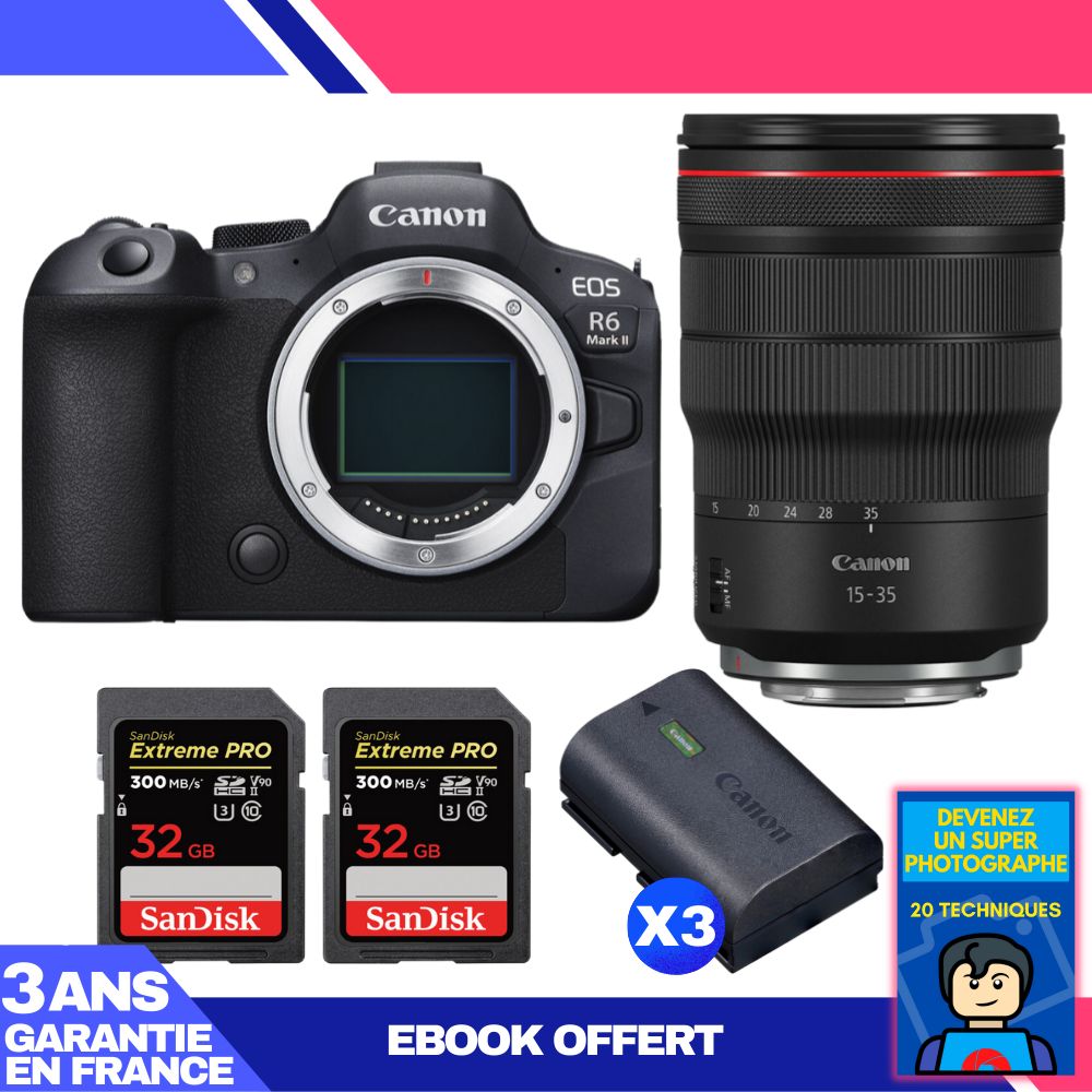 Boitier Canon EOS R6 Mark II + RF 15 35mm f2.8 IS USM + 2 SanDisk Extreme PRO UHS II SDXC 300 MB/ + 3 Canon LP E6NH + Ebook 'Devenez Un Super Photographe - vue 3