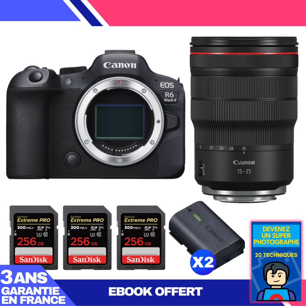 Boitier Canon EOS R6 Mark II + RF 15 35mm f2.8 IS USM + 3 SanDisk Extreme PRO UHS II SDXC 300 MB/ + 2 Canon LP E6NH + Ebook 'Devenez Un Super Photographe