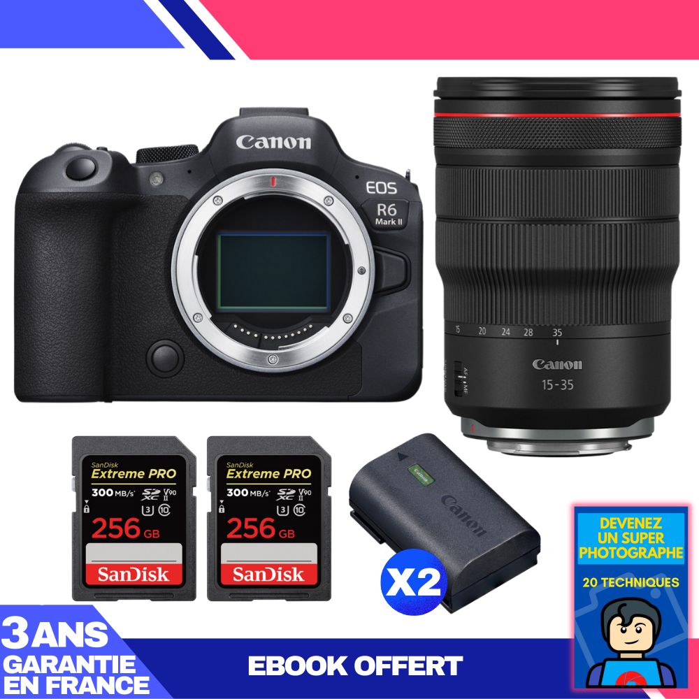 Boitier Canon EOS R6 Mark II + RF 15 35mm f2.8 IS USM + 2 SanDisk Extreme PRO UHS II SDXC 300 MB/ + 2 Canon LP E6NH + Ebook 'Devenez Un Super Photographe