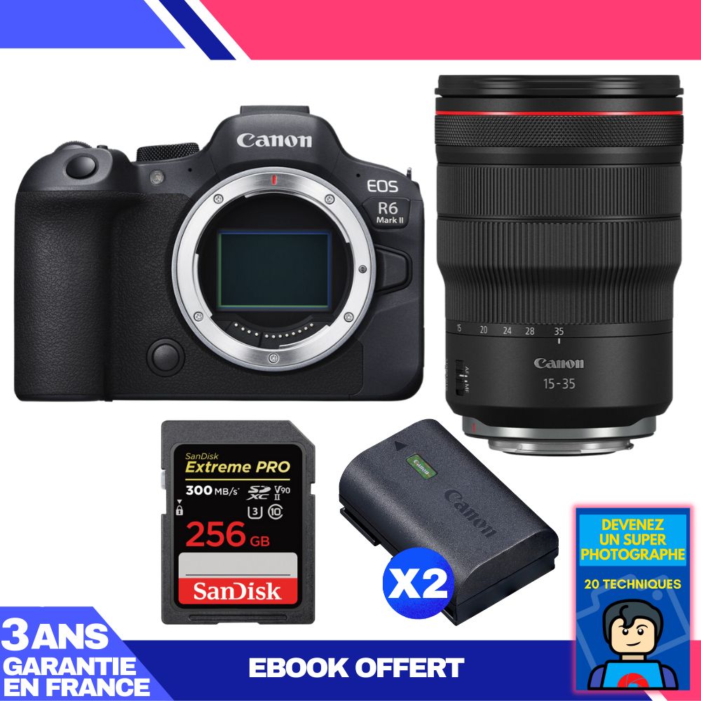 Boitier Canon EOS R6 Mark II + RF 15 35mm f2.8 IS USM + 1 SanDisk Extreme PRO UHS II SDXC 300 MB/ + 2 Canon LP E6NH + Ebook 'Devenez Un Super Photographe