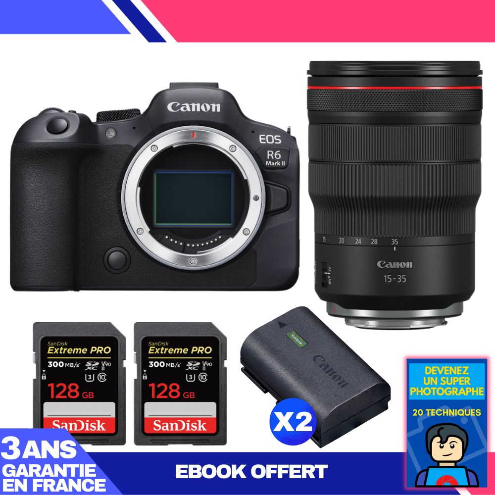Boitier Canon EOS R6 Mark II + RF 15 35mm f2.8 IS USM + 2 SanDisk Extreme PRO UHS II SDXC 300 MB/ + 2 Canon LP E6NH + Ebook 'Devenez Un Super Photographe - vue 3