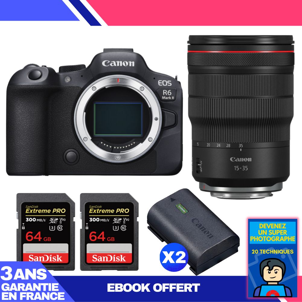 Boitier Canon EOS R6 Mark II + RF 15 35mm f2.8 IS USM + 2 SanDisk Extreme PRO UHS II SDXC 300 MB/ + 2 Canon LP E6NH + Ebook 'Devenez Un Super Photographe - vue 2