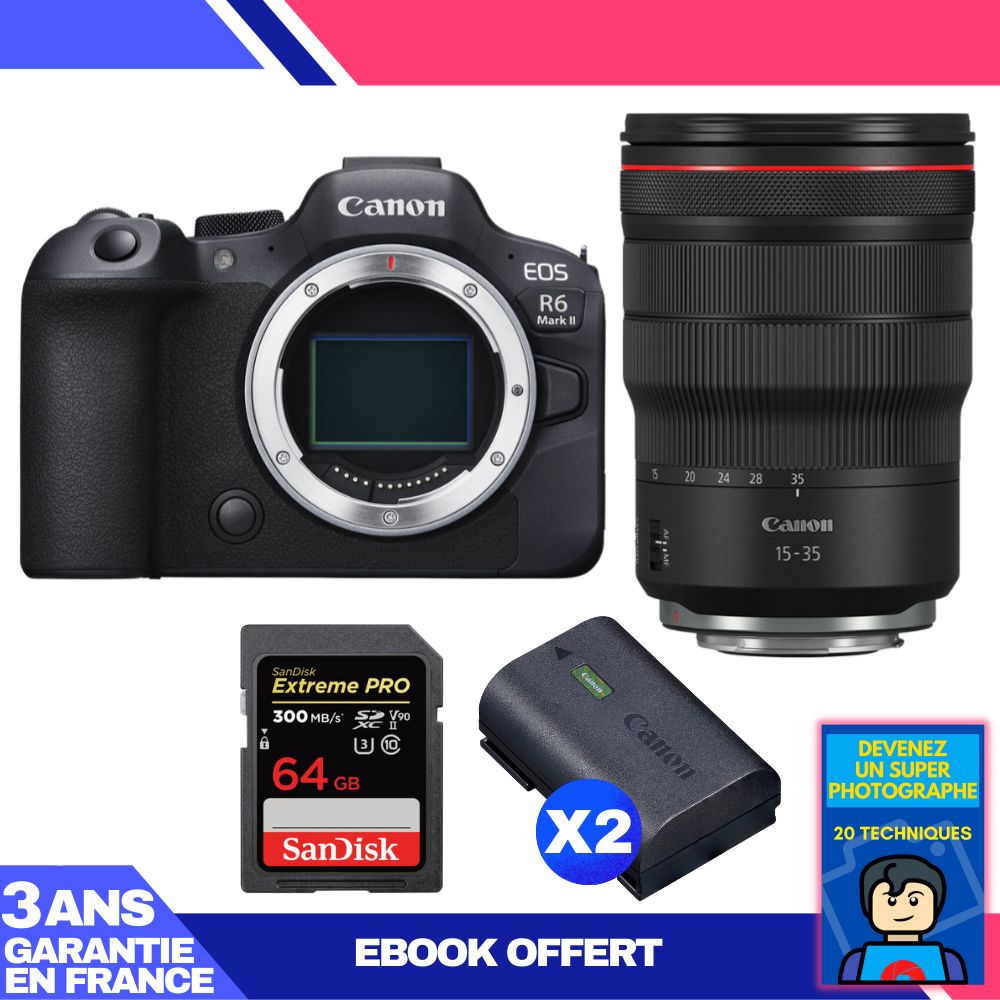Boitier Canon EOS R6 Mark II + RF 15 35mm f2.8 IS USM + 1 SanDisk Extreme PRO UHS II SDXC 300 MB/ + 2 Canon LP E6NH + Ebook 'Devenez Un Super Photographe - vue 3