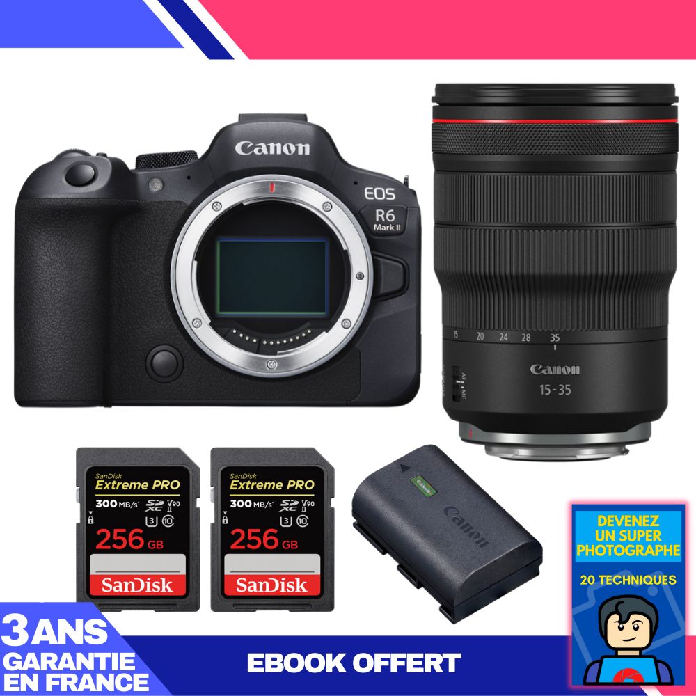 Boitier Canon EOS R6 Mark II + RF 15 35mm f2.8 IS USM + 2 SanDisk Extreme PRO UHS II SDXC 300 MB/ + 1 Canon LP E6NH + Ebook 'Devenez Un Super Photographe - vue 4
