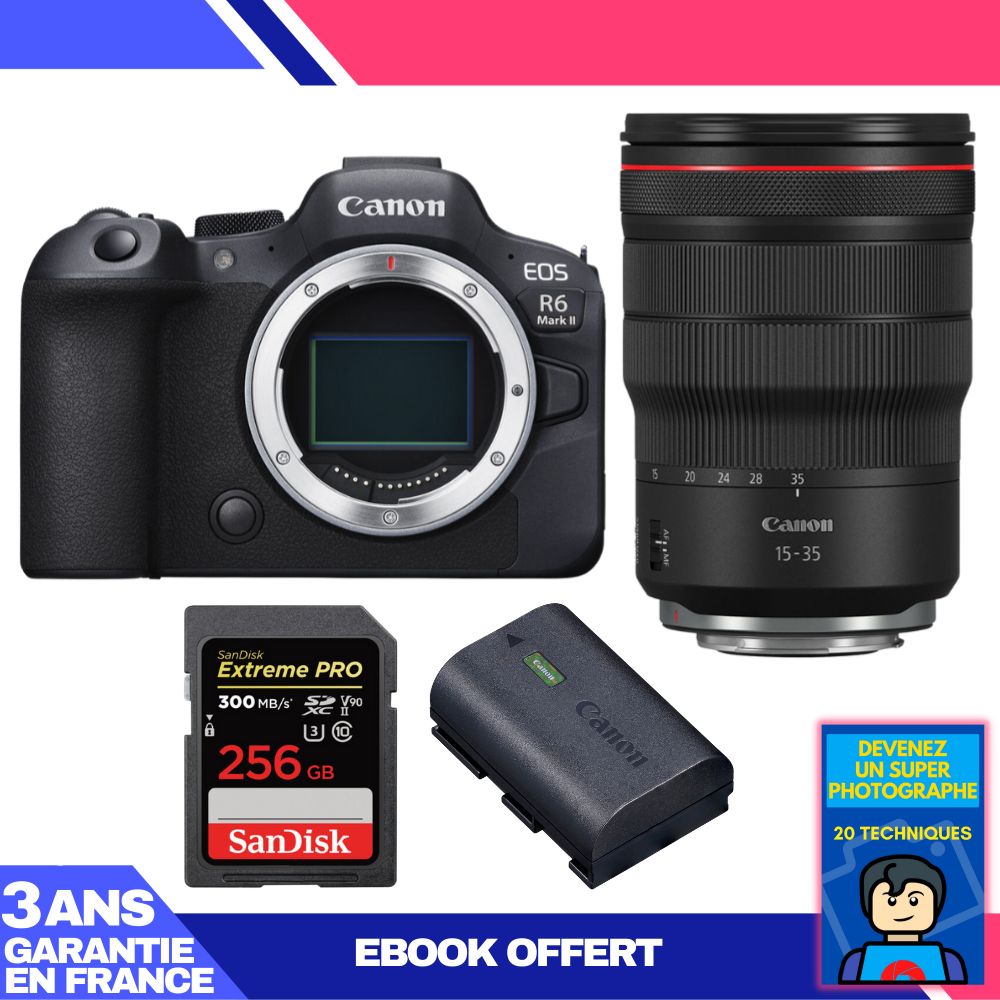 Boitier Canon EOS R6 Mark II + RF 15 35mm f2.8 IS USM + 1 SanDisk Extreme PRO UHS II SDXC 300 MB/ + 1 Canon LP E6NH + Ebook 'Devenez Un Super Photographe - vue 2