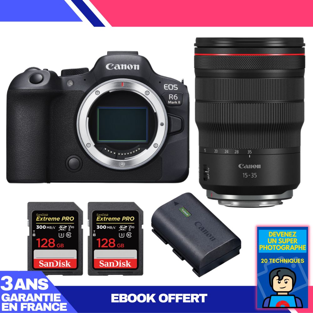 Boitier Canon EOS R6 Mark II + RF 15 35mm f2.8 IS USM + 2 SanDisk Extreme PRO UHS II SDXC 300 MB/ + 1 Canon LP E6NH + Ebook 'Devenez Un Super Photographe - vue 2