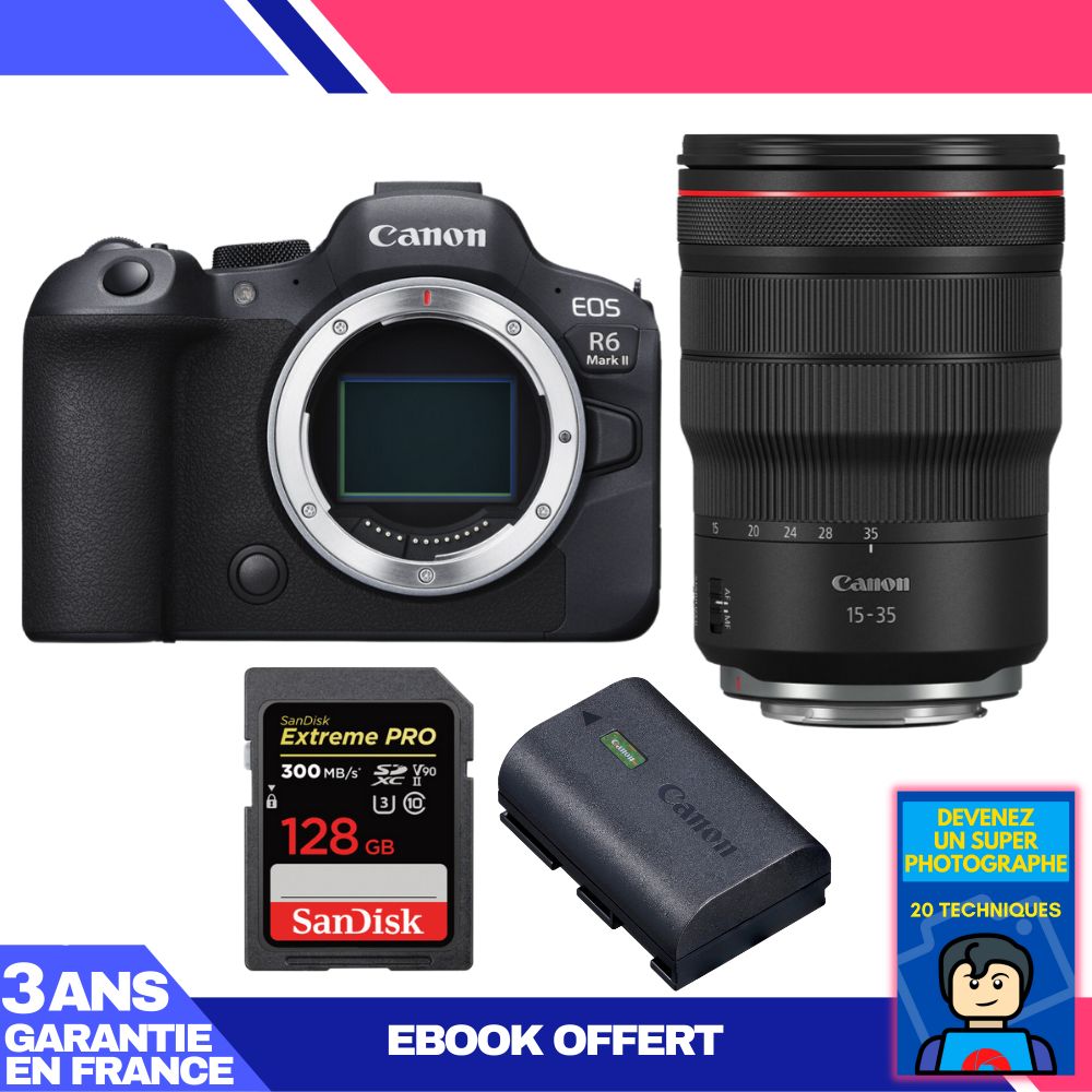 Boitier Canon EOS R6 Mark II + RF 15 35mm f2.8 IS USM + 1 SanDisk Extreme PRO UHS II SDXC 300 MB/ + 1 Canon LP E6NH + Ebook 'Devenez Un Super Photographe