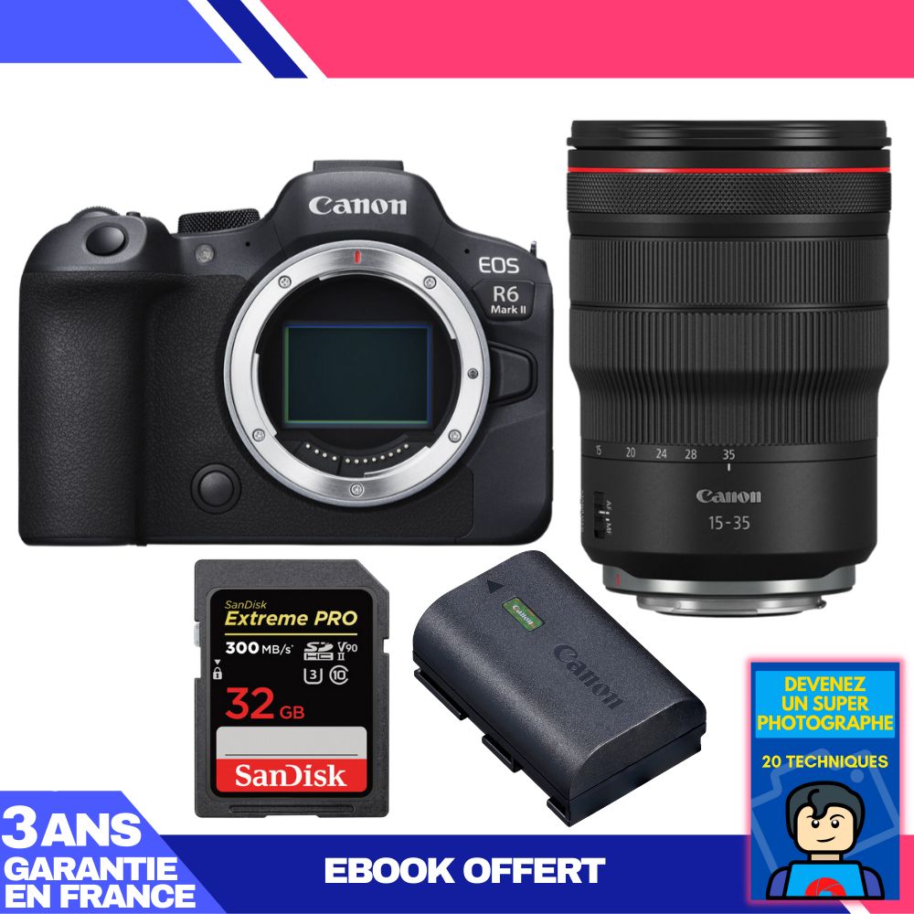 Boitier Canon EOS R6 Mark II + RF 15 35mm f2.8 IS USM + 1 SanDisk Extreme PRO UHS II SDXC 300 MB/ + 1 Canon LP E6NH + Ebook 'Devenez Un Super Photographe - vue 4