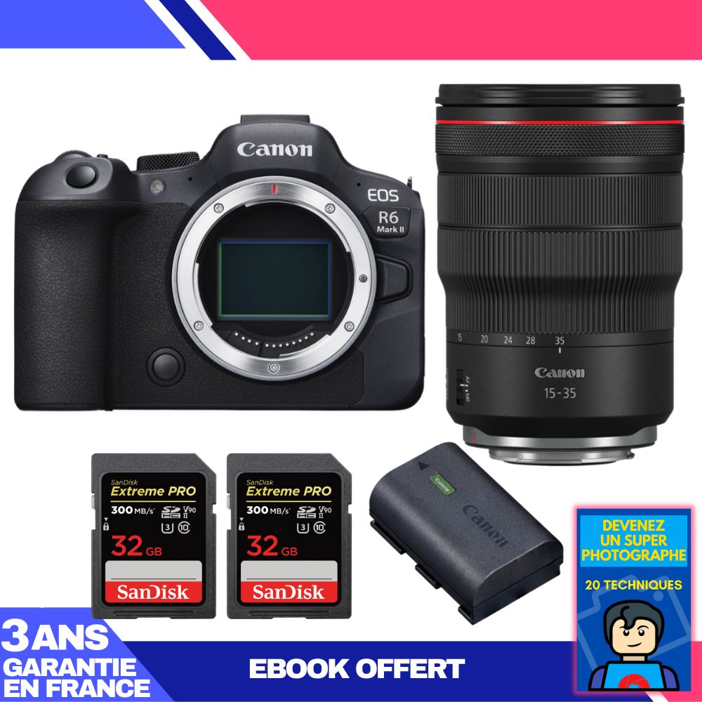 Boitier Canon EOS R6 Mark II + RF 15 35mm f2.8 IS USM + 2 SanDisk Extreme PRO UHS II SDXC 300 MB/ + 1 Canon LP E6NH + Ebook 'Devenez Un Super Photographe