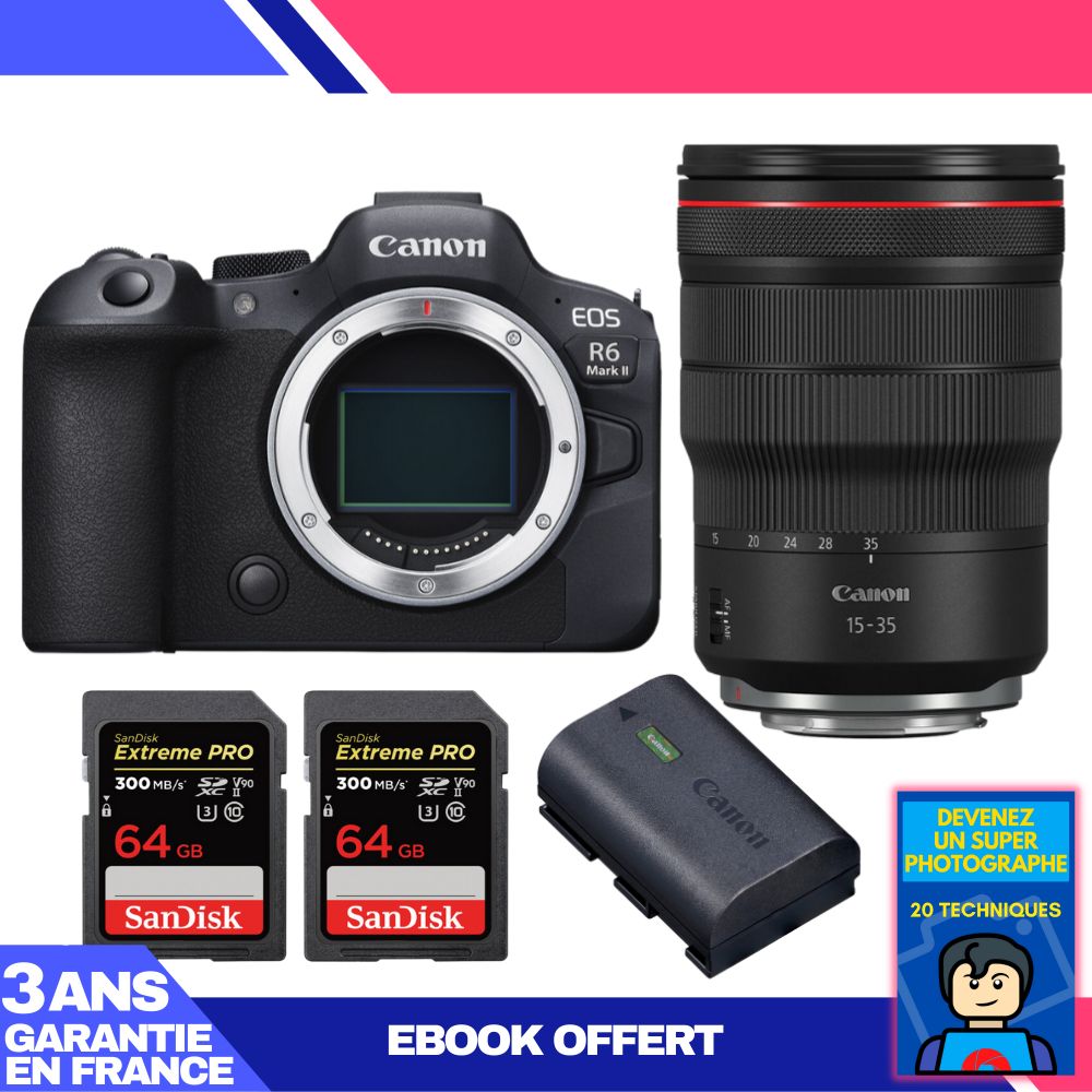 Boitier Canon EOS R6 Mark II + RF 15 35mm f2.8 IS USM + 2 SanDisk Extreme PRO UHS II SDXC 300 MB/ + 1 Canon LP E6NH + Ebook 'Devenez Un Super Photographe - vue 3