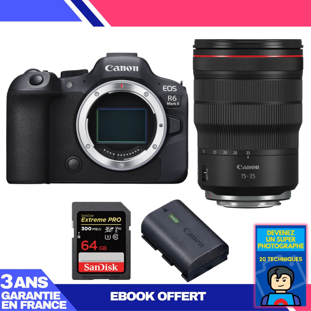 Boitier Canon EOS R6 Mark II + RF 15 35mm f2.8 IS USM + 1 SanDisk Extreme PRO UHS II SDXC 300 MB/ + 1 Canon LP E6NH + Ebook 'Devenez Un Super Photographe - vue 3
