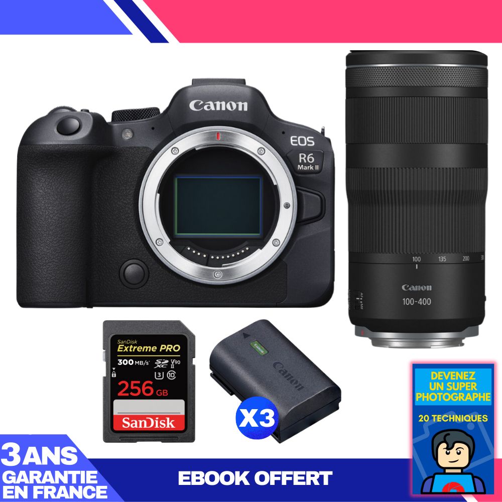 Boitier Canon EOS R6 Mark II + RF 100 400mm f5.6 8 IS USM + 1 SanDisk Extreme PRO UHS II SDXC 300 MB/ + 3 Canon LP E6NH + Ebook 'Devenez Un Super Photographe