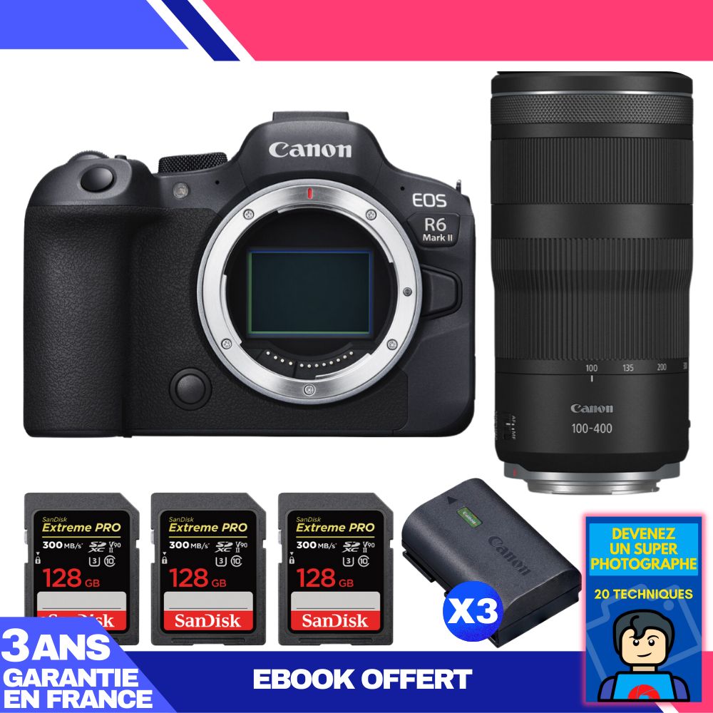 Boitier Canon EOS R6 Mark II + RF 100 400mm f5.6 8 IS USM + 3 SanDisk Extreme PRO UHS II SDXC 300 MB/ + 3 Canon LP E6NH + Ebook 'Devenez Un Super Photographe - vue 2