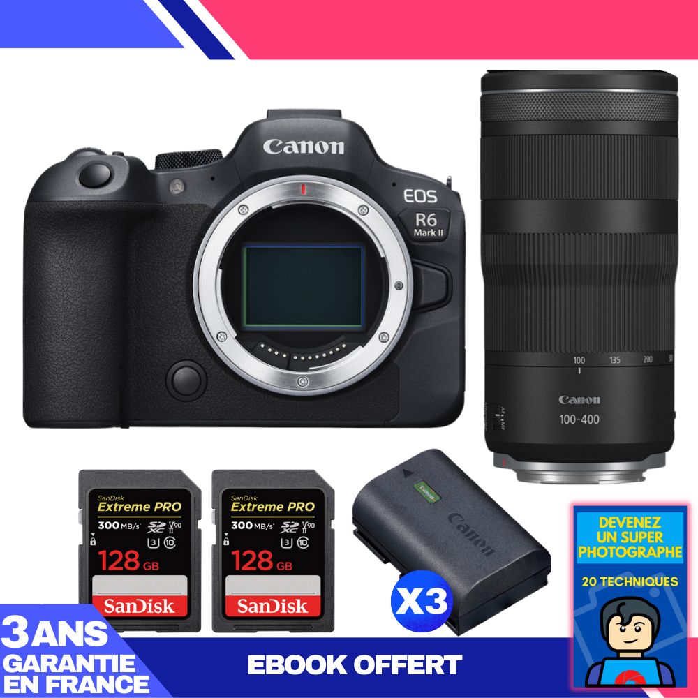 Boitier Canon EOS R6 Mark II + RF 100 400mm f5.6 8 IS USM + 2 SanDisk Extreme PRO UHS II SDXC 300 MB/ + 3 Canon LP E6NH + Ebook 'Devenez Un Super Photographe