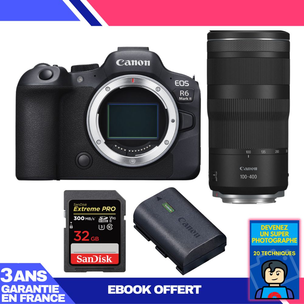 Boitier Canon EOS R6 Mark II + RF 100 400mm f5.6 8 IS USM + 1 SanDisk Extreme PRO UHS II SDXC 300 MB/ + 1 Canon LP E6NH + Ebook 'Devenez Un Super Photographe - vue 3