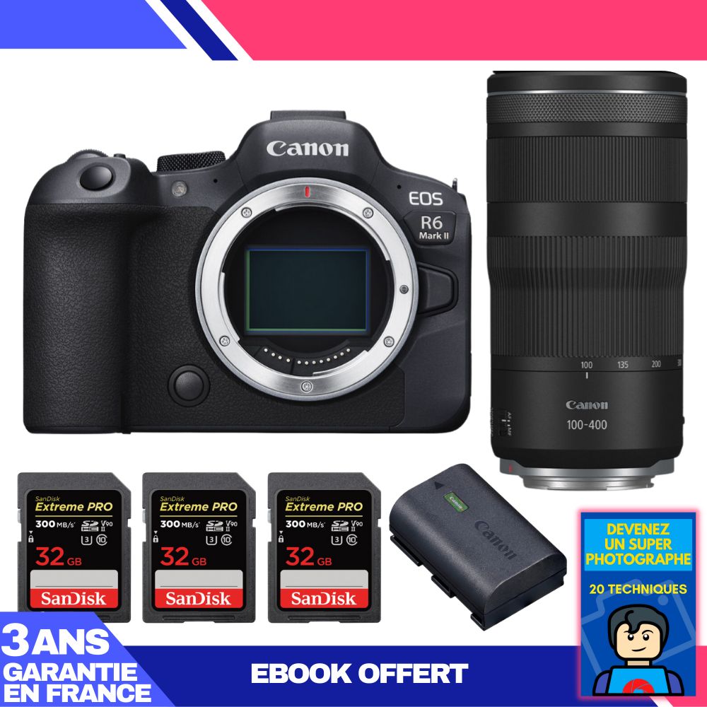 Boitier Canon EOS R6 Mark II + RF 100 400mm f5.6 8 IS USM + 3 SanDisk Extreme PRO UHS II SDXC 300 MB/ + 1 Canon LP E6NH + Ebook 'Devenez Un Super Photographe - vue 4
