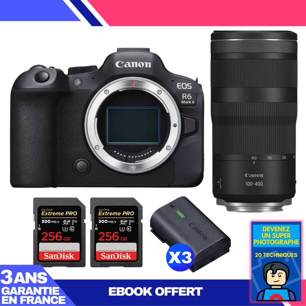 Boitier Canon EOS R6 Mark II + RF 100 400mm f5.6 8 IS USM + 2 SanDisk Extreme PRO UHS II SDXC 300 MB/ + 3 Canon LP E6NH + Ebook 'Devenez Un Super Photographe - vue 3