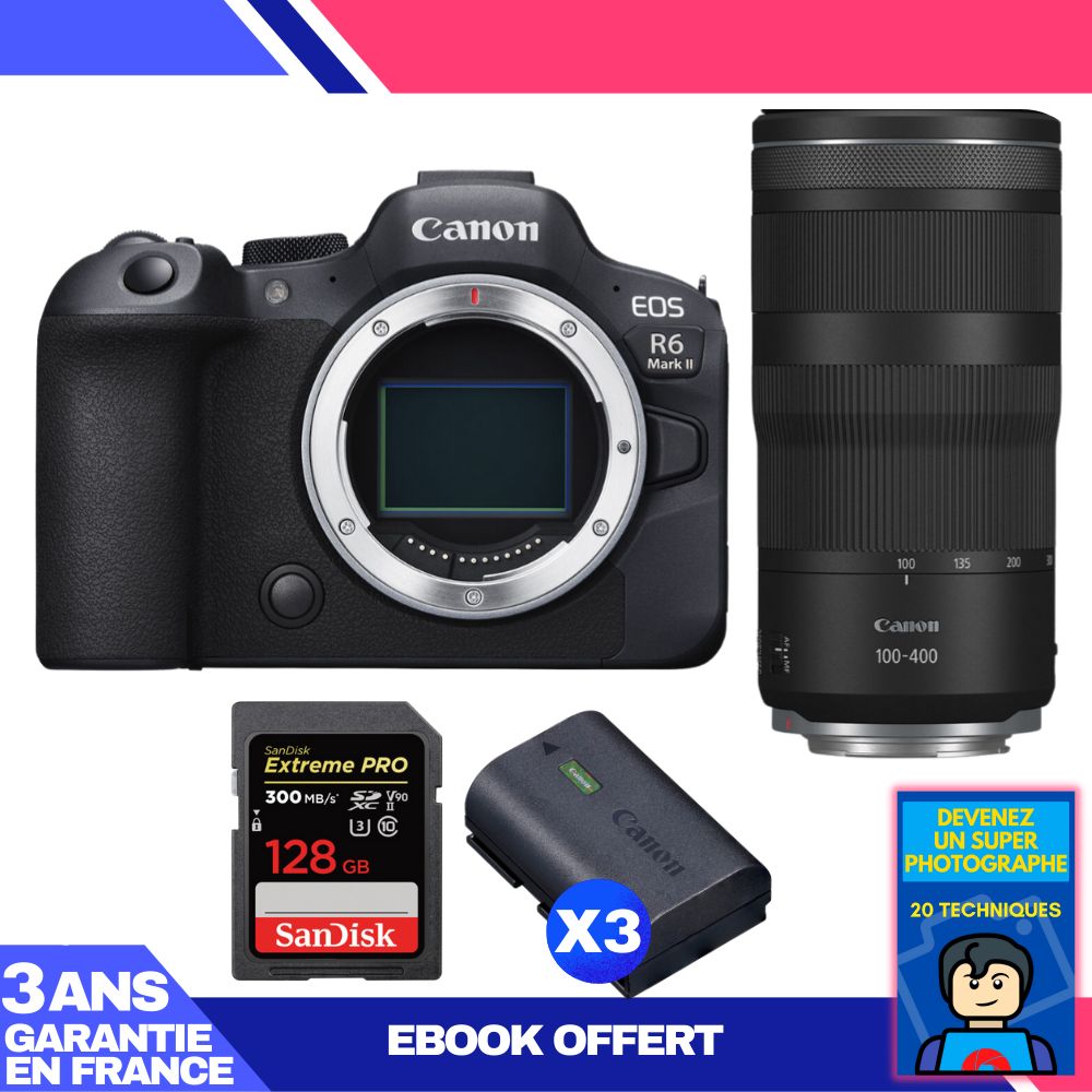 Boitier Canon EOS R6 Mark II + RF 100 400mm f5.6 8 IS USM + 1 SanDisk Extreme PRO UHS II SDXC 300 MB/ + 3 Canon LP E6NH + Ebook 'Devenez Un Super Photographe - vue 4