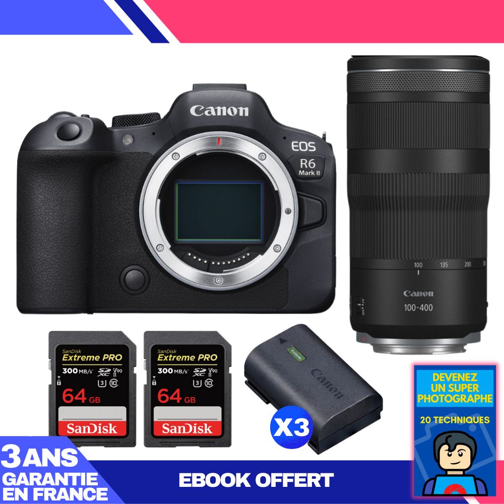 Boitier Canon EOS R6 Mark II + RF 100 400mm f5.6 8 IS USM + 2 SanDisk Extreme PRO UHS II SDXC 300 MB/ + 3 Canon LP E6NH + Ebook 'Devenez Un Super Photographe - vue 4