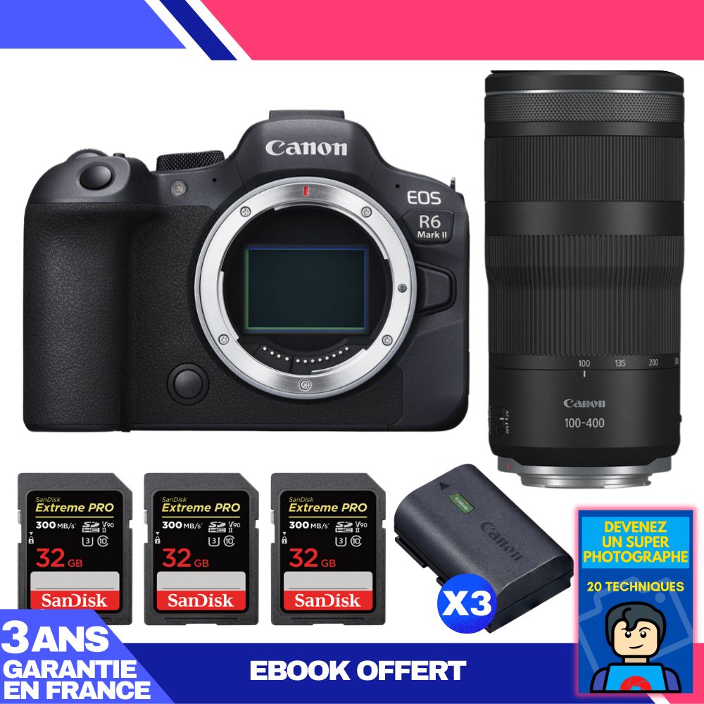 Boitier Canon EOS R6 Mark II + RF 100 400mm f5.6 8 IS USM + 3 SanDisk Extreme PRO UHS II SDXC 300 MB/ + 3 Canon LP E6NH + Ebook 'Devenez Un Super Photographe