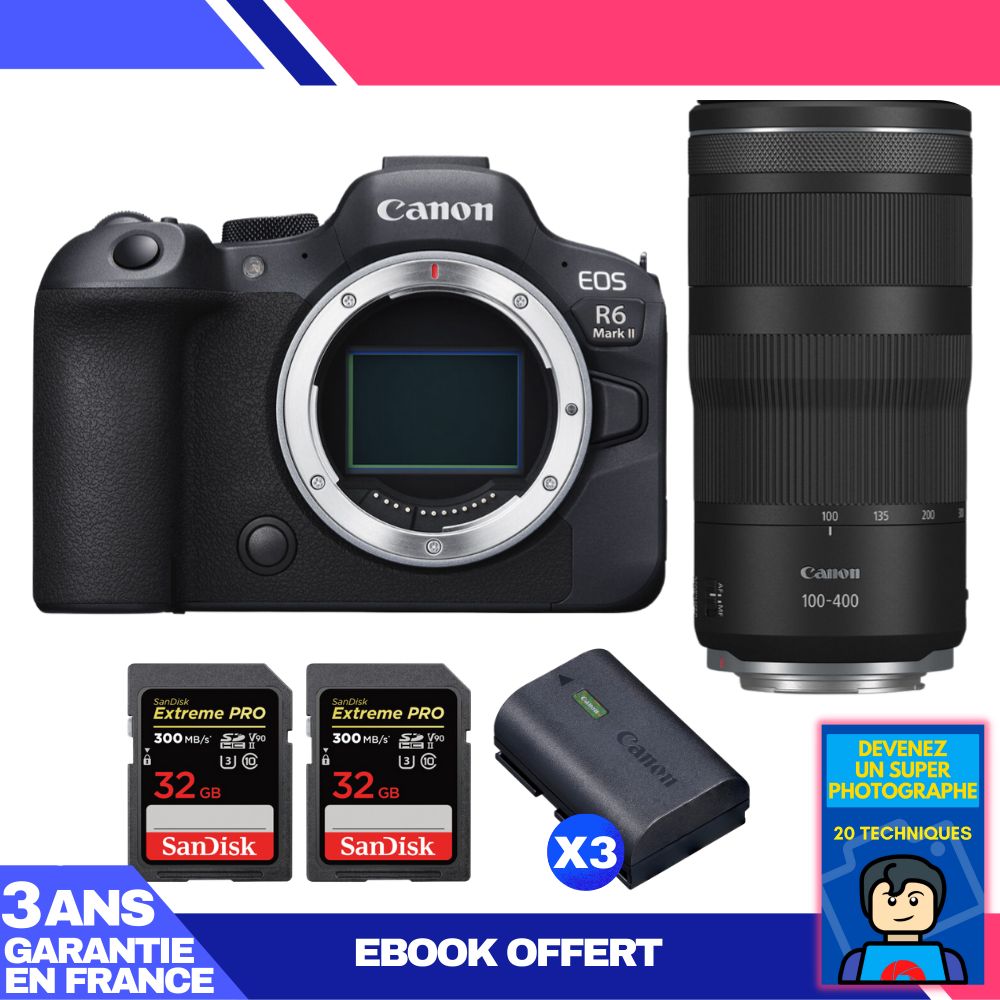 Boitier Canon EOS R6 Mark II + RF 100 400mm f5.6 8 IS USM + 2 SanDisk Extreme PRO UHS II SDXC 300 MB/ + 3 Canon LP E6NH + Ebook 'Devenez Un Super Photographe - vue 2