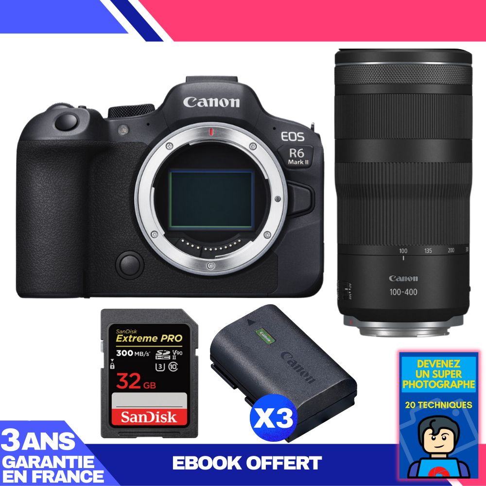 Boitier Canon EOS R6 Mark II + RF 100 400mm f5.6 8 IS USM + 1 SanDisk Extreme PRO UHS II SDXC 300 MB/ + 3 Canon LP E6NH + Ebook 'Devenez Un Super Photographe - vue 2