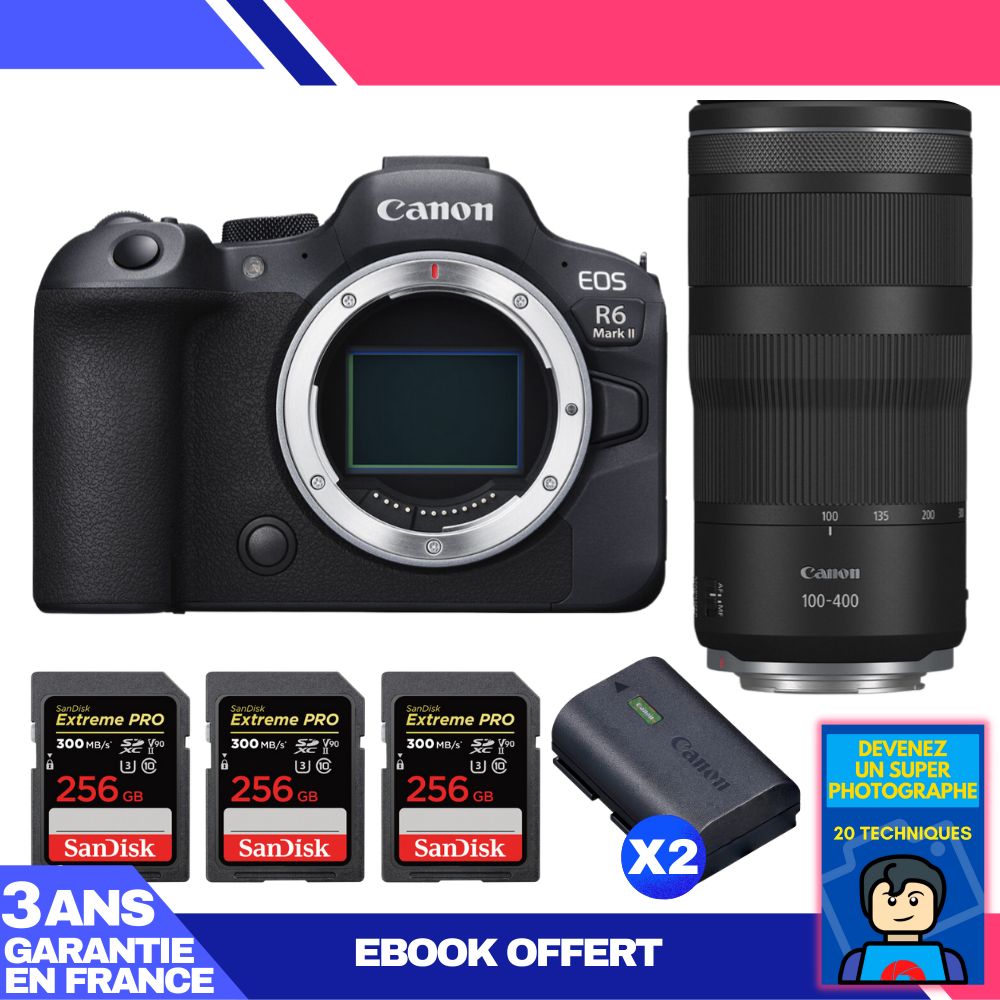 Boitier Canon EOS R6 Mark II + RF 100 400mm f5.6 8 IS USM + 3 SanDisk Extreme PRO UHS II SDXC 300 MB/ + 2 Canon LP E6NH + Ebook 'Devenez Un Super Photographe - vue 4