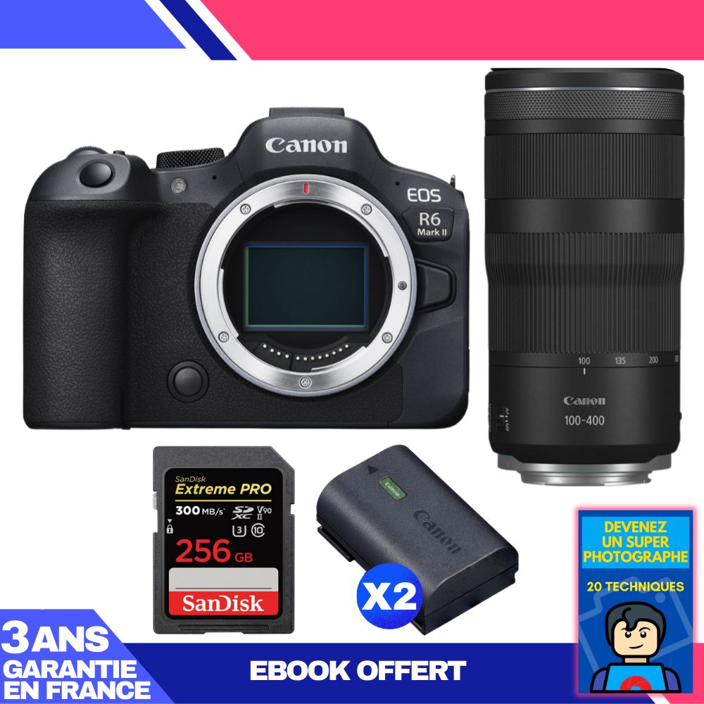 Boitier Canon EOS R6 Mark II + RF 100 400mm f5.6 8 IS USM + 1 SanDisk Extreme PRO UHS II SDXC 300 MB/ + 2 Canon LP E6NH + Ebook 'Devenez Un Super Photographe