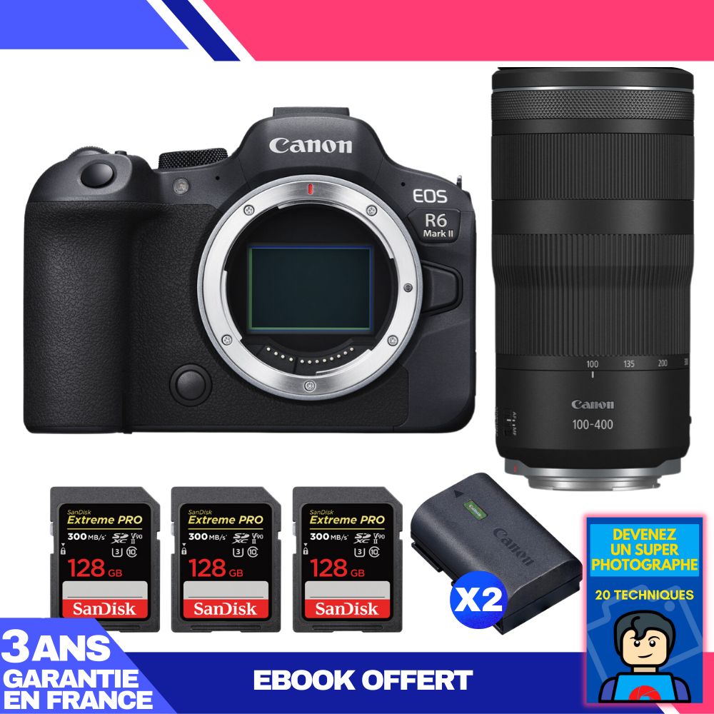Boitier Canon EOS R6 Mark II + RF 100 400mm f5.6 8 IS USM + 3 SanDisk Extreme PRO UHS II SDXC 300 MB/ + 2 Canon LP E6NH + Ebook 'Devenez Un Super Photographe - vue 2
