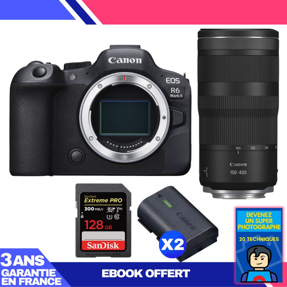 Boitier Canon EOS R6 Mark II + RF 100 400mm f5.6 8 IS USM + 1 SanDisk Extreme PRO UHS II SDXC 300 MB/ + 2 Canon LP E6NH + Ebook 'Devenez Un Super Photographe - vue 3