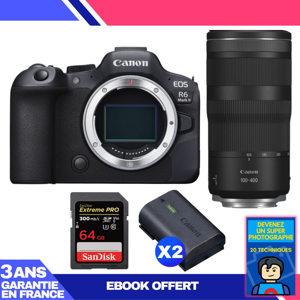 Boitier Canon EOS R6 Mark II + RF 100 400mm f5.6 8 IS USM + 1 SanDisk Extreme PRO UHS II SDXC 300 MB/ + 2 Canon LP E6NH + Ebook 'Devenez Un Super Photographe - vue 4