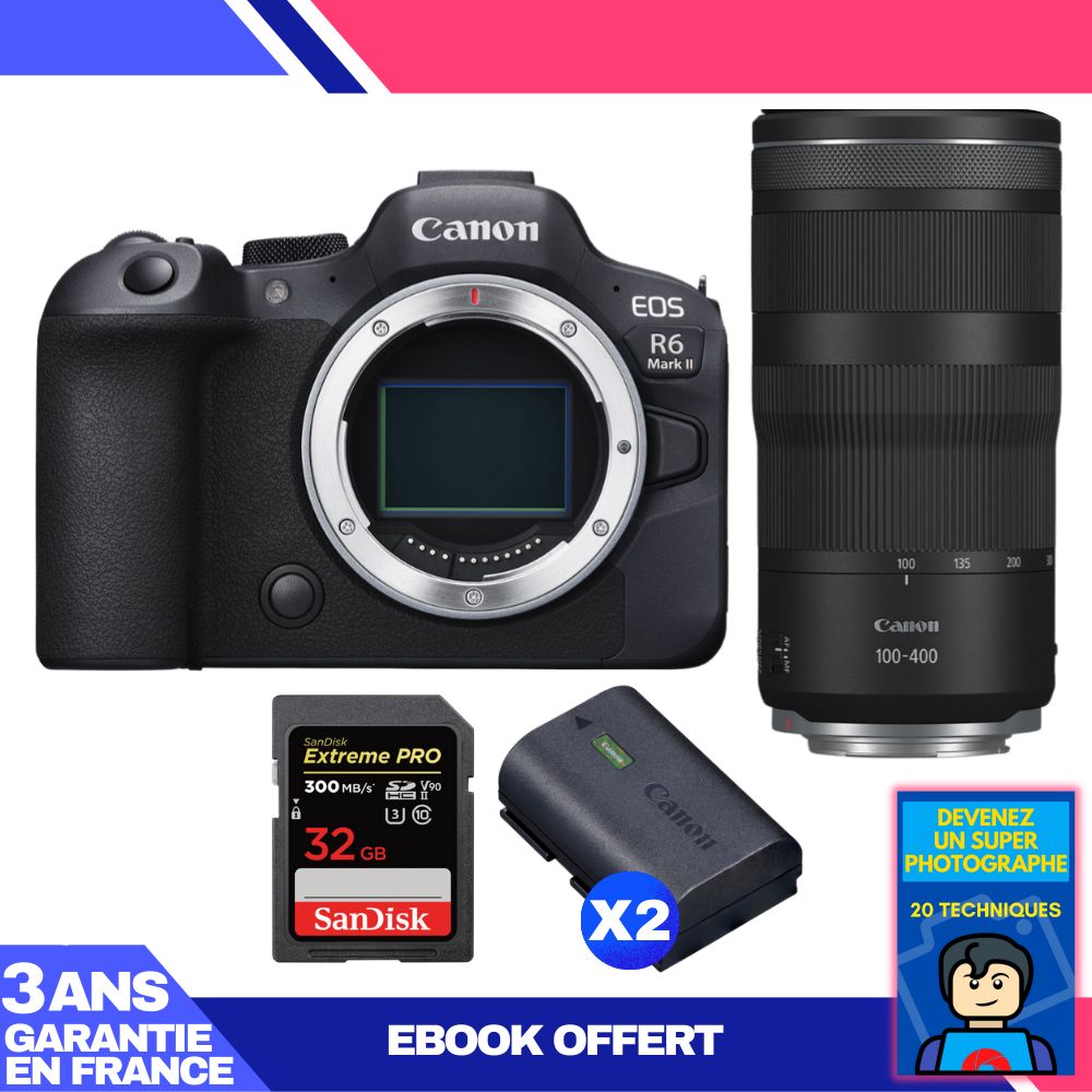 Boitier Canon EOS R6 Mark II + RF 100 400mm f5.6 8 IS USM + 1 SanDisk Extreme PRO UHS II SDXC 300 MB/ + 2 Canon LP E6NH + Ebook 'Devenez Un Super Photographe - vue 2