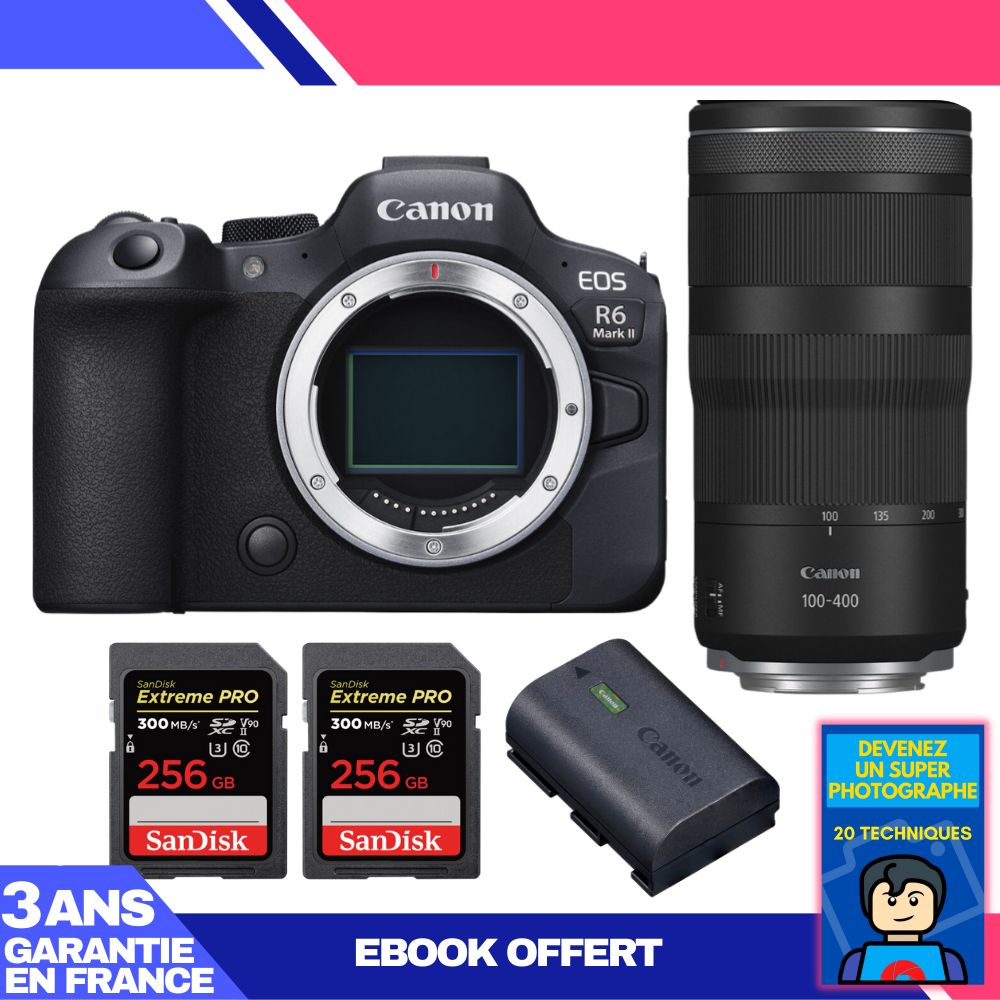 Boitier Canon EOS R6 Mark II + RF 100 400mm f5.6 8 IS USM + 2 SanDisk Extreme PRO UHS II SDXC 300 MB/ + 1 Canon LP E6NH + Ebook 'Devenez Un Super Photographe - vue 2