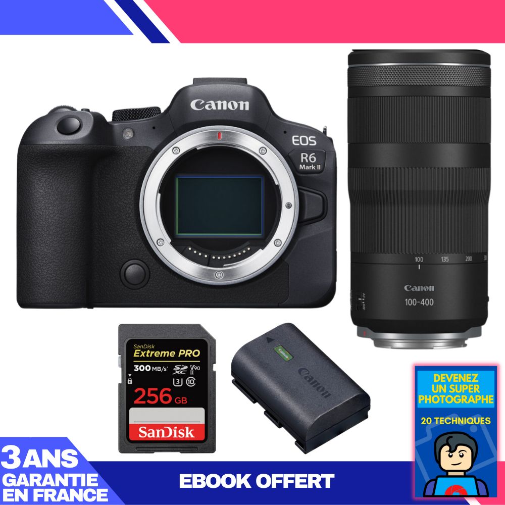 Boitier Canon EOS R6 Mark II + RF 100 400mm f5.6 8 IS USM + 1 SanDisk Extreme PRO UHS II SDXC 300 MB/ + 1 Canon LP E6NH + Ebook 'Devenez Un Super Photographe